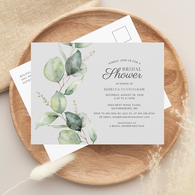 Invitation Carte Postale Fête des mariées Feuille Eucalyptus Green (Eucalyptus Watercolor Greenery Bridal Shower Invitation)