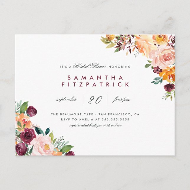 Invitation Carte Postale Fête des mariées florale chic et bordeaux (Devant)