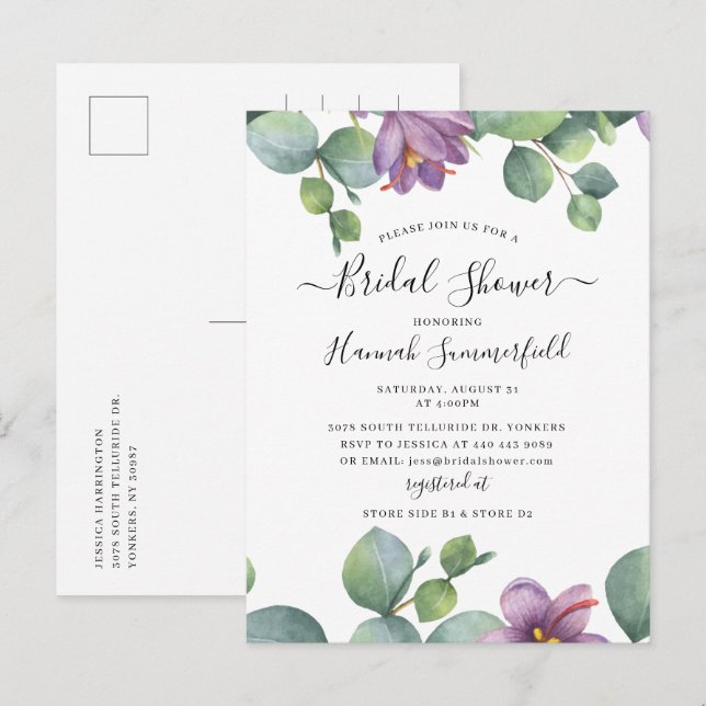 Invitation Carte Postale Fête des mariées florale Eucalyptus Vert (Devant / Derrière)