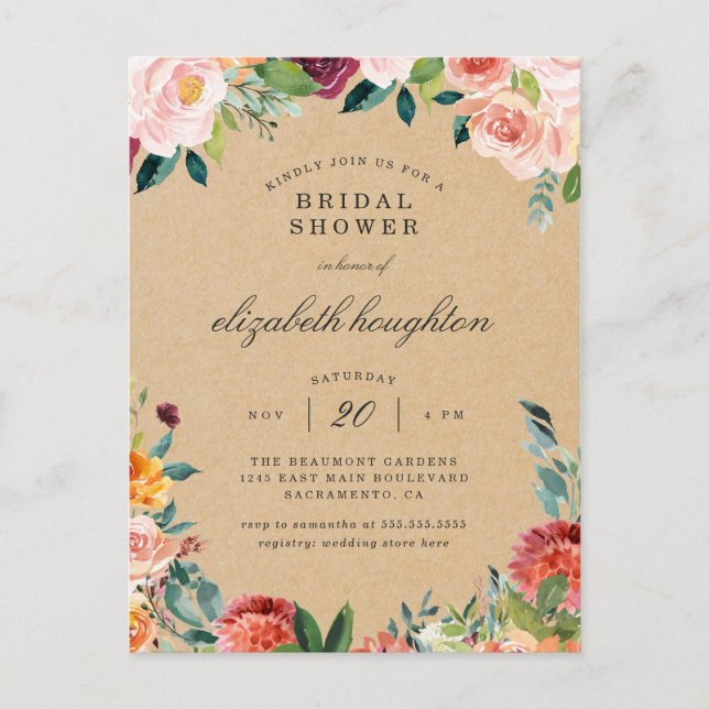 Invitation Carte Postale Fête des mariées florale rose rousse de Bourgogne (Devant)