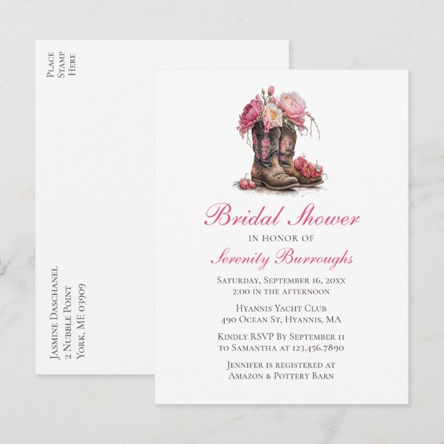 Invitation Carte Postale Fête des mariées occidentale Bottes de cowboy flor (Devant / Derrière)