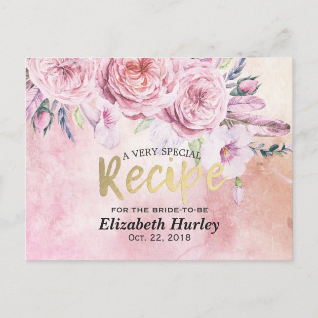 Invitation Carte Postale Fête des mariées Recette Aquarelle Floral & Plumes (Devant)