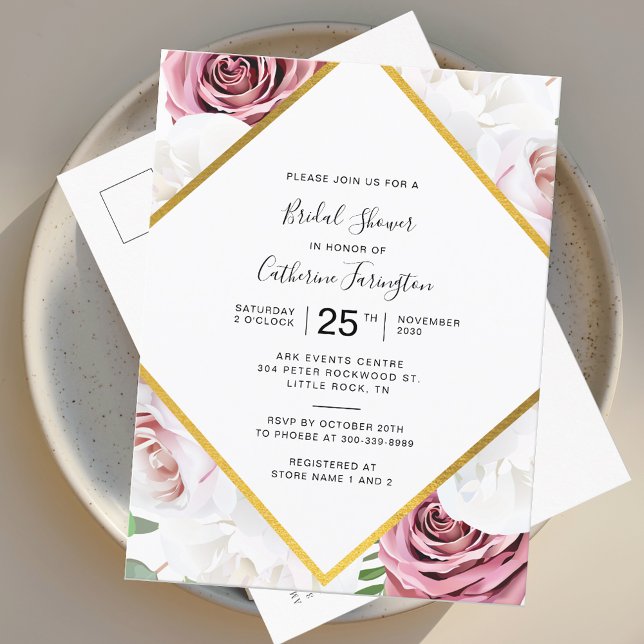 Invitation Carte Postale Fête des mariées rose florale élégante (Watercolor Floral Tan Script Bridal Shower Invitation Postcard)