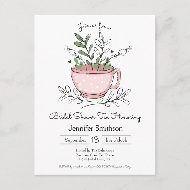 Invitation Carte Postale Fête des mariées Thé Whimsical Main Drag Tea Cup (Devant)