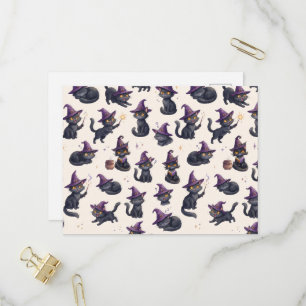 Invitation Carte Postale Fête d'Halloween Violette des Chats Noirs Sorciers