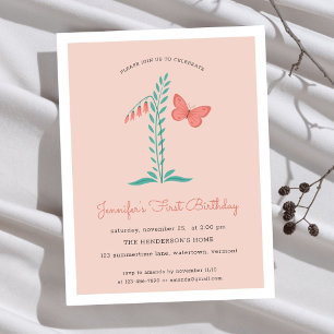 Invitation Carte Postale Fête du 1er anniversaire Floral Botanique Papillon