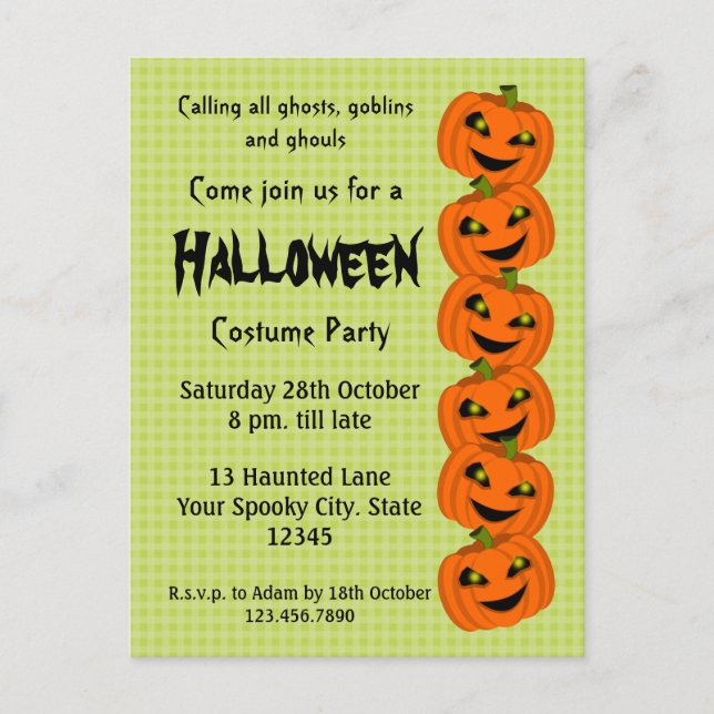 Invitation Carte Postale Fête du costume Citrouille d'Halloween (Devant)
