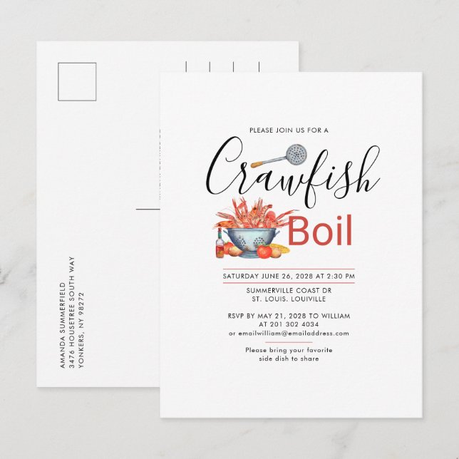 Invitation Carte Postale Fête familiale de cuisson d'écrevisses Pique-nique (Devant / Derrière)