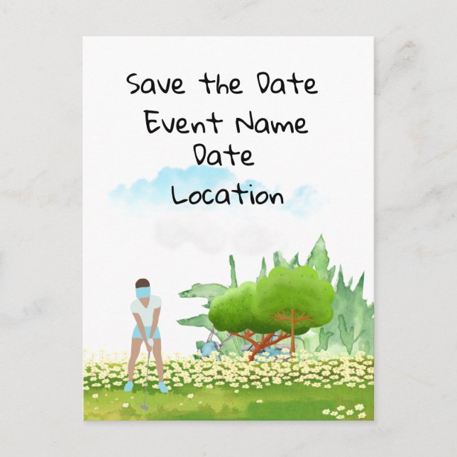 Invitation Carte Postale Fête Golf Save the Date pour femme golfeuse (Devant)