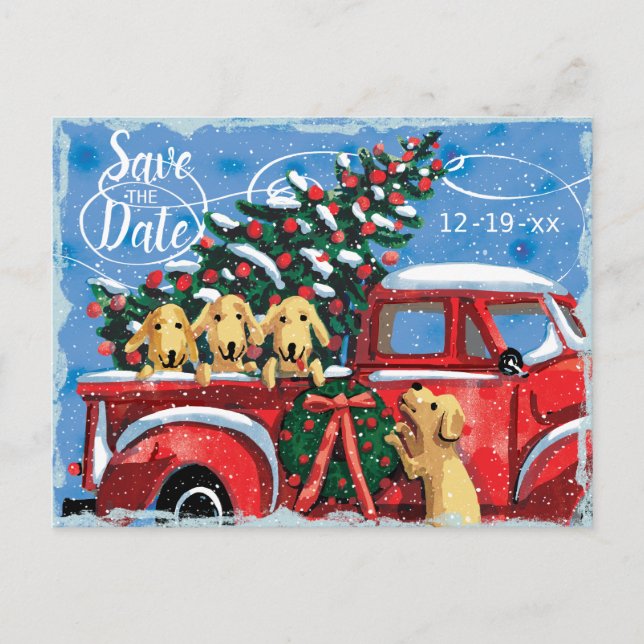 Invitation Carte Postale Fête virtuelle de Noël Chiens de Camion Rouge Vint (Devant)
