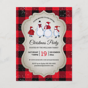 Invitation Carte Postale Fête virtuelle de Noël Snowman Red Buffalo