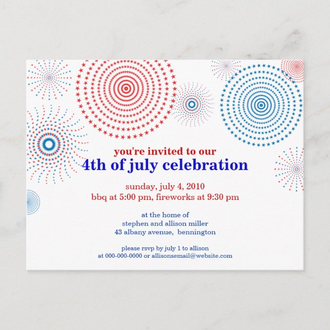 Invitation Carte Postale Feu D'artifice Sur Le Quatrième (Devant)
