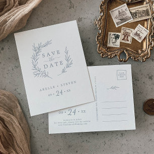 Invitation Carte Postale Feuille minimale Dusty Blue Enregistrer la date