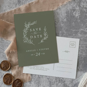 Invitation Carte Postale Feuille minimale   Vert foncé Enregistrer la date