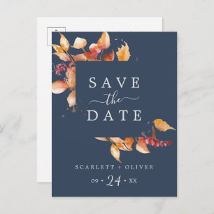 Invitation Carte Postale Feuilles automnales   Navy Blue Enregistrer la dat