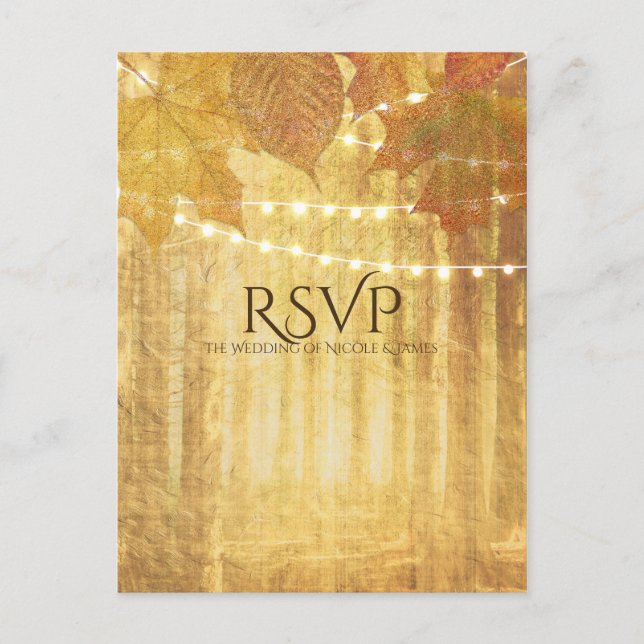 Invitation Carte Postale Feuilles d'automne Automne doré Bois rustique RSVP (Devant)