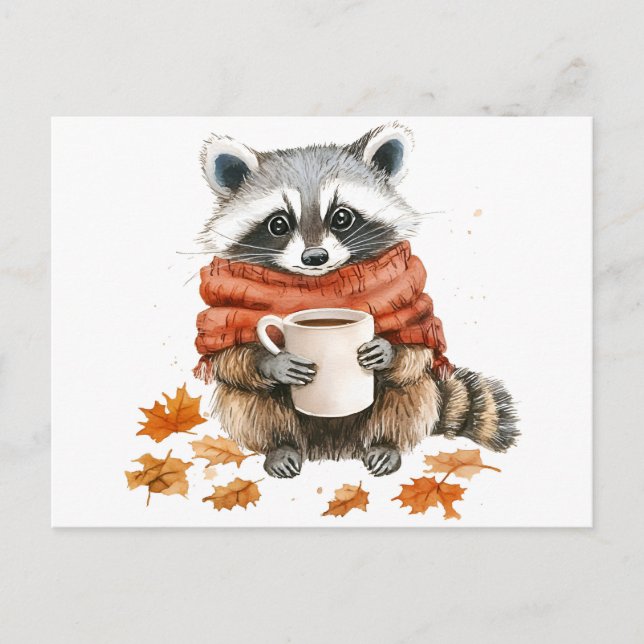Invitation Carte Postale Feuilles d'automne douillette automne raccoon avec (Devant)