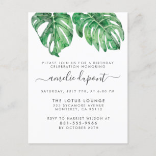Invitation Carte Postale Feuilles de Monstera Tropicales Anniversaire Écrit