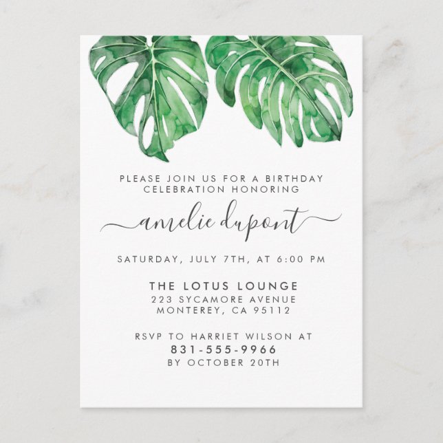 Invitation Carte Postale Feuilles de Monstera Tropicales Anniversaire Écrit (Devant)