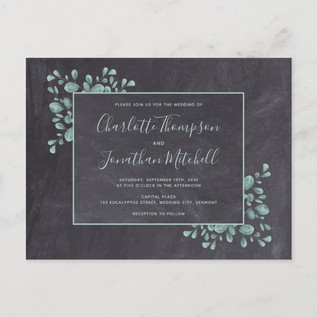 Invitation Carte Postale Feuilles d'eucalyptus sur tableau noir rustique En (Devant)