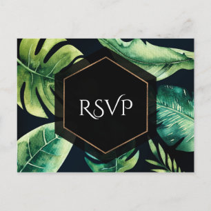 Invitation Carte Postale Feuilles Tropicales Vertes Élégant Mariage Noir RS