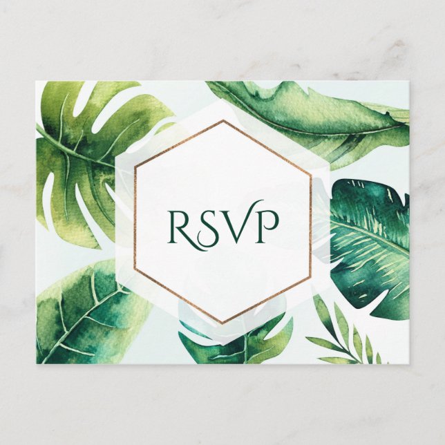 Invitation Carte Postale Feuilles tropicales vertes élégantes réponse de ma (Devant)
