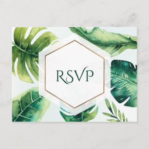Invitation Carte Postale Feuilles Tropicales Vertes Mariage Élégant Blanc R