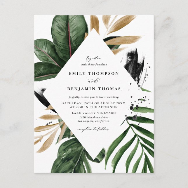 Invitation Carte Postale Feuilles tropicaux Faux Gold Foil Mariage (Devant)
