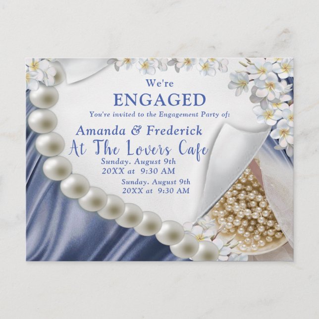 Invitation Carte Postale Fiançailles Blue, Green, Gold Silk & Ivory Pearl (Devant)