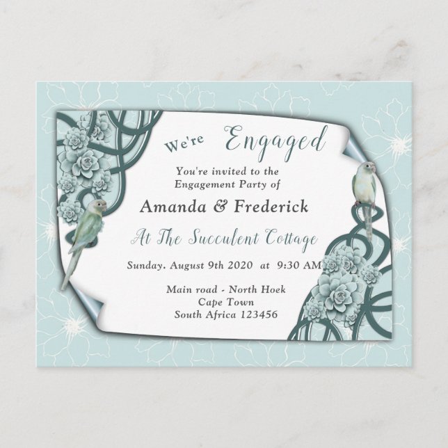 Invitation Carte Postale Fiançailles de succulents bleu à vert de pinte (Devant)