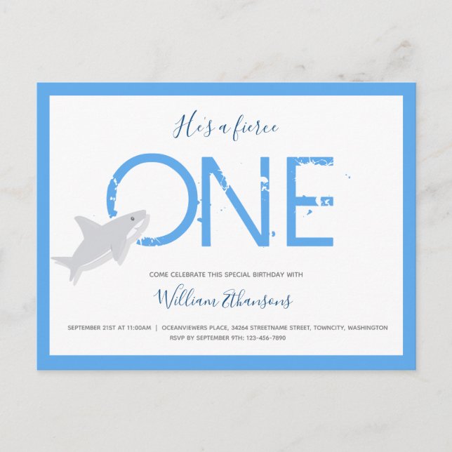 Invitation Carte Postale Fierce One Requin animal premier anniversaire Invi (Devant)