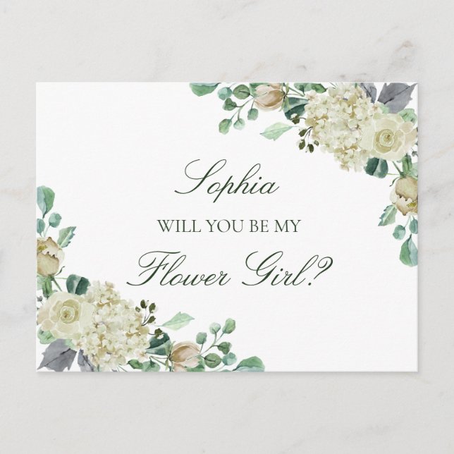 Invitation Carte Postale Fille aux fleurs Megan Greenery Demoiselle d'honne (Devant)