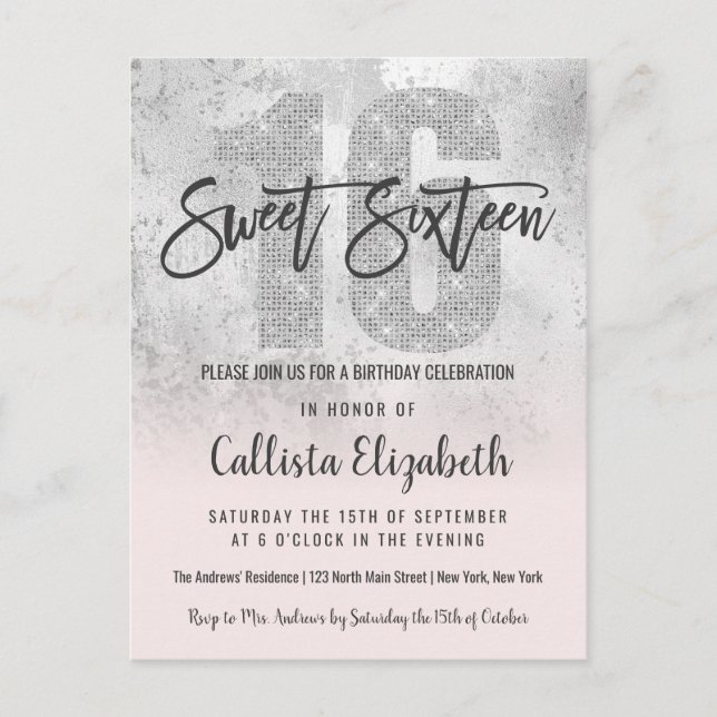 Invitation Carte Postale Fille Grunge Argent Rose Parties scintillant Foil  (Devant)