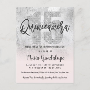Invitation Carte Postale Fille Grunge Parties scintillant rose argent Phuil