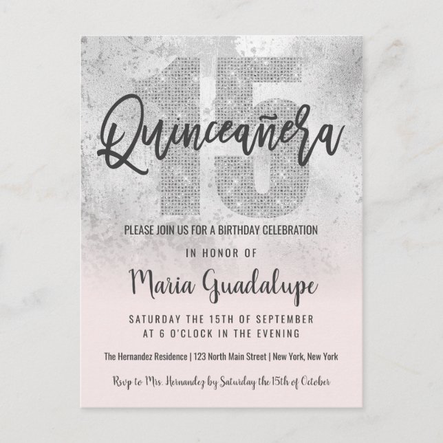 Invitation Carte Postale Fille Grunge Parties scintillant rose argent Phuil (Devant)