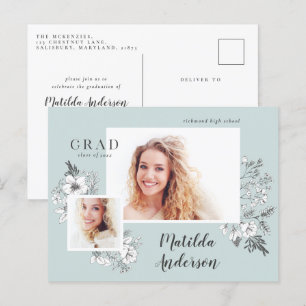 Invitation Carte Postale Fille multiphoto florale élégante fête de graduati
