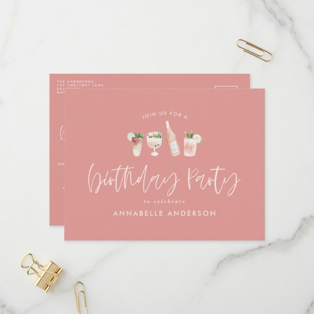 Invitation Carte Postale Fille rose moderne cocktail design fête d'annivers (Devant/Arrière en situation)