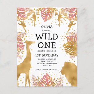 Invitation Carte Postale Filles 1er anniversaire fête Pink Gold Safari