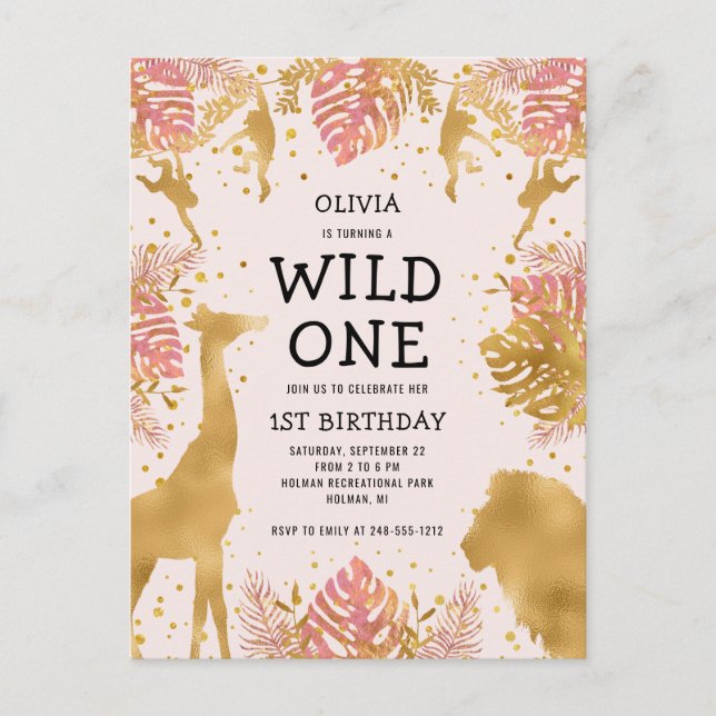 Invitation Carte Postale Filles 1er anniversaire fête Pink Jungle Safari (Devant)