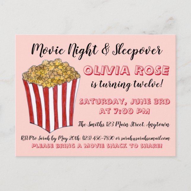 Invitation Carte Postale Film Cinéma Nuit Slepover Popcorn Anniversaire (Devant)