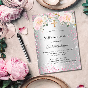 Invitation Carte Postale First communion girl silver pink florals sparkles