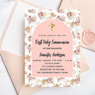 Invitation Carte Postale First Communion pampas fleurs rose or rose fille