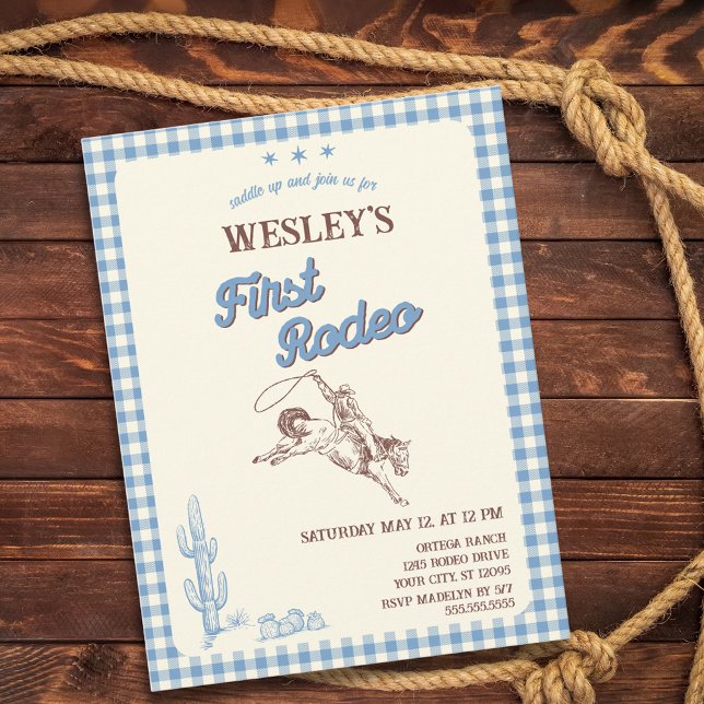 Invitation Carte Postale First Rodeo Blue Plaid 1st Birthday (First Rodeo Blue Plaid 1st Birthday Invitation Postcard)