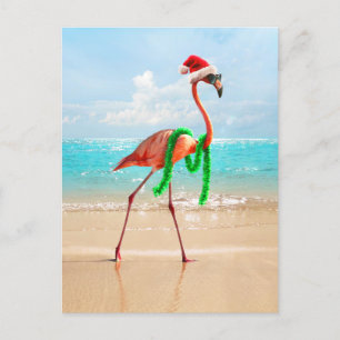 Invitation Carte Postale Flamant de Noël sur la Plage
