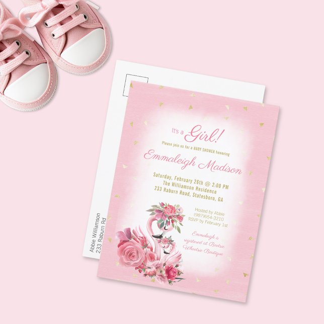 Invitation Carte Postale Flamant rose Aquarelle rose Baby shower Ballerina (Créateur téléchargé)