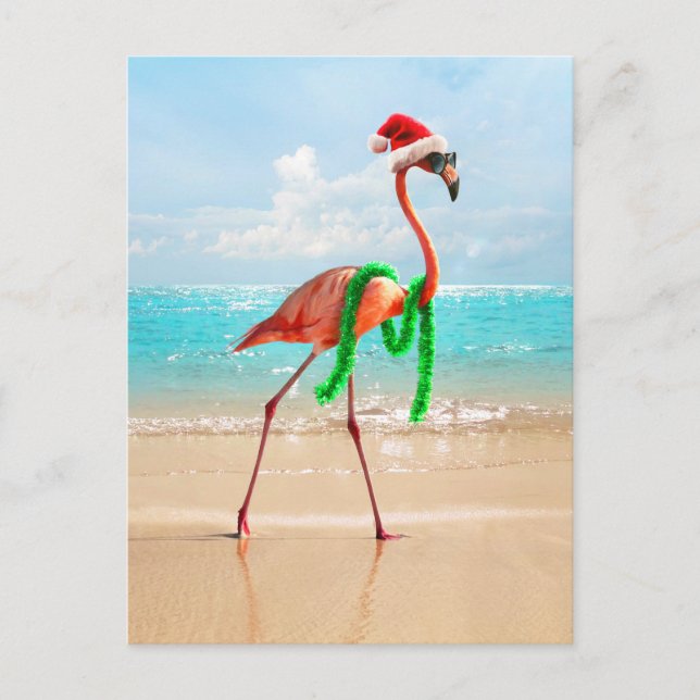 Invitation Carte Postale Flamant rose de Noël sur la plage (Devant)