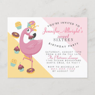 Invitation Carte Postale Flamant rose mignon, Cupcakes & Doughnut Sweet 16 