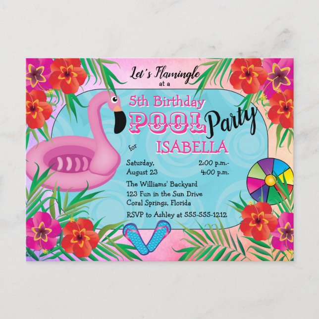 Invitation Carte Postale Flamingle rose Floral 5e anniversaire Pool Party (Devant)