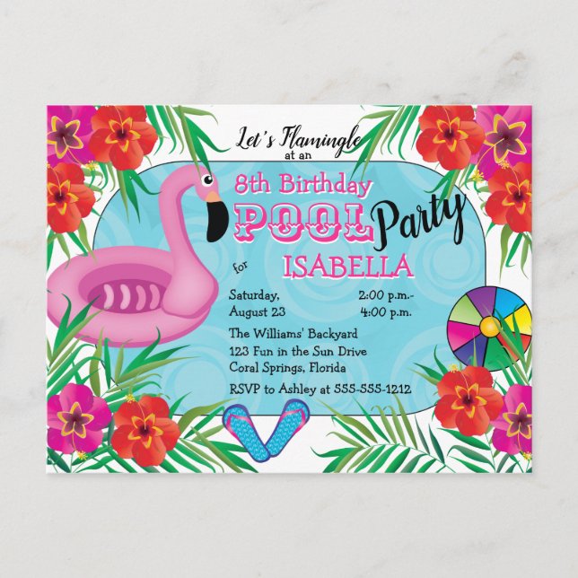 Invitation Carte Postale Flamingle rose Floral 8e anniversaire Pool Party (Devant)