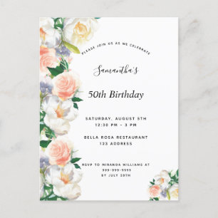 Invitation Carte Postale Fleur aquarelle de fête d'anniversaire corail blan